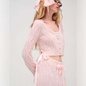 For Love & Lemons Pink Chenille Cable Knit Cardigan, Lace-Up Bows, Size L, NWT